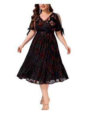 Plus Size Flocked Chiffon A-Line Midi Formal Dress Pearl Cuffs